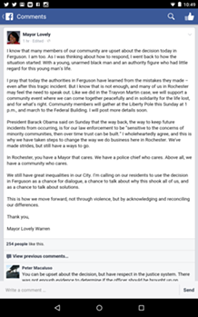 A screen capture of Mayor Lovely Warren's original Facebook post regarding the Ferguson decision.