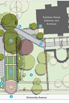 An alternative plan for the property, proposed by the George Eastman House, calls for keeping and renovating the Monroe Voiture building and creating gardens, a sculpture area, and parking lot.