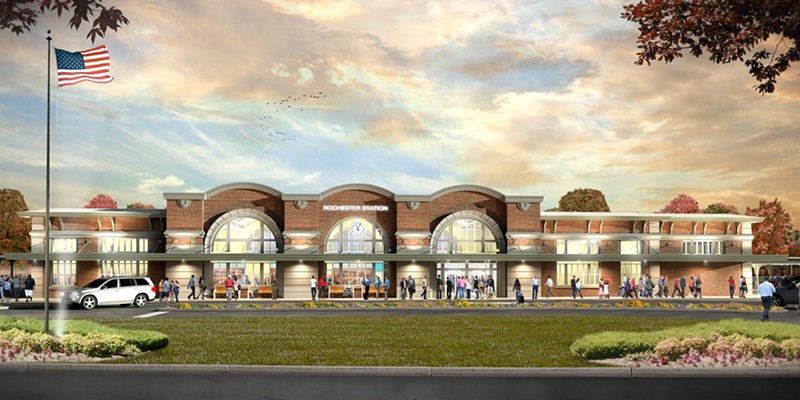 An exterior rendering of the Rochester Intermodal Station.
