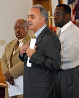 PHOTO BY CLARKE CONDE - Announcing the findings (from left): the Rev. Willie Harvey, Superintendent Manuel Rivera, and the Rev. Marlowe Washington.