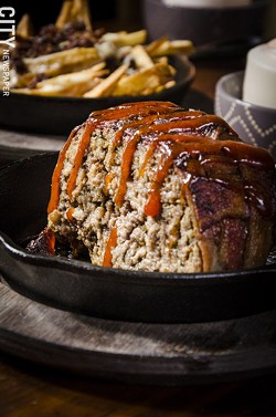 At Nox: "His Name Was Robert Paulson," is an applewood-smoked bacon-wrapped meatloaf - PHOTO BY MARK CHAMBERLIN