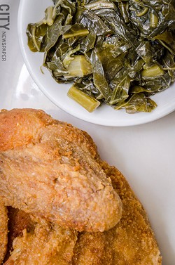 Fried chicken and collard greens. - PHOTO BY MARK CHAMBERLIN