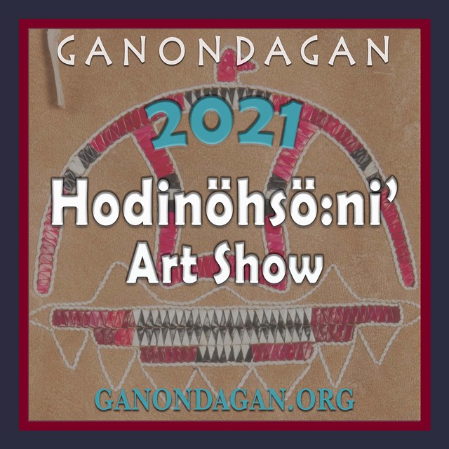 Quilled thunderbird on a leather purse. text reads: Ganondagan 2021 Hodinöhsö:ni’ Art Show. ganondagan.org