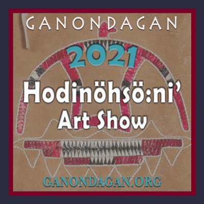 Quilled thunderbird on a leather purse. text reads: Ganondagan 2021 Hodinöhsö:ni’ Art Show. ganondagan.org
