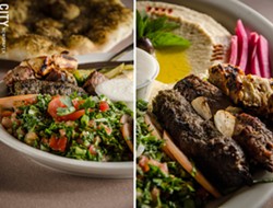 Mashawi Combo (tabouli, hummus, chicken, beef, kafta kebab skewers, and pickled vegetables). - PHOTO BY MARK CHAMBERLIN