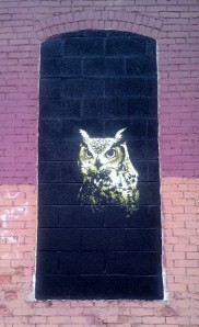 One of Mr. Prvrt’s owls for “Wall\Therapy,” which can be found off Union Street on the Harman Hardwood Flooring building. PHOTO BY REBECCA RAFFERTY