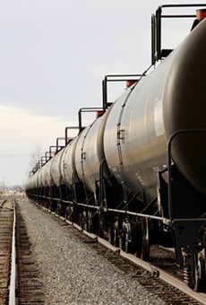 Railroad tanker cars similar to the ones shown here are used to transport domestically produced crude oil. The amount of crude moved by trains has increased dramatically in the past few years.