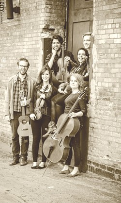 The six core musicians of Sound ExChange are (clockwise from left) Matthew Cox, Alexander Pena, Kurt Fedde, Lili Sarayrah, Nadine Sherman, and Molly Germer. Emily Wozniak is the group's seventh core member. - PHOTO BY MARK CHAMBERLIN