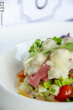 Tuna crudo with tomatoes, cucumber, fennel, and horseradish from Avvino. - PHOTO BY MARK CHAMBERLIN