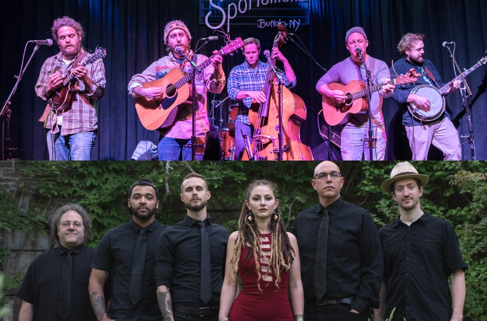 Canandaigua's raucous alt-bluegrass outfit Dirty Blanket (top) and the populist reggae band Root Shock from Syracuse (bottom)  are among the artists to play the 2019 Finger Lakes GrassRoots Festival. - PHOTOS PROVIDED