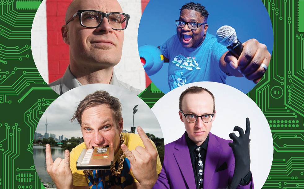 The Mount Nerdcore Tour consists of (clockwise from top left) MC Frontalot, Mega Ran, Schäffer the Darklord, and MC Lars. - MC FRONTALOT PHOTO BY JASON SCOTT; MEGA RAN PHOTO PROVIDED; SCHÄFFER THE DARKLORD PHOTO PROVIDED; MC LARS PHOTO BY NICK KARP