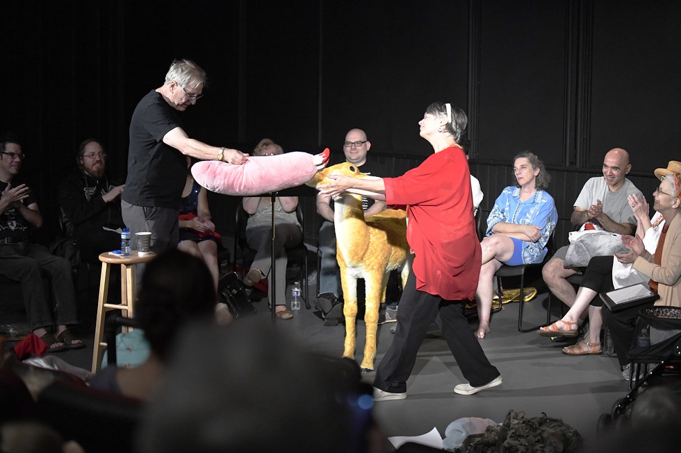 Borek (standing, left) performed his freeform theater show on opening night of Rochester Fringe 2019. - PHOTO BY CATHERINE RAFFERTY