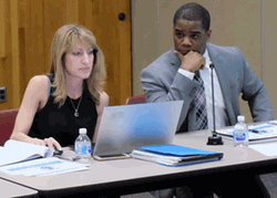 Rochester Superintendent Terry Dade, with his chief of staff, Annmarie Lehner, at Tuesday's school board meeting. - PHOTO BY JAMES BROWN, WXXI NEWS