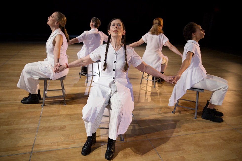 Meredith Monk (center) and members of her Vocal Ensemble (left to right) — Katie Geissinger, Ellen Fisher, Allison Sniffin, and Jo Stewart — take part in the University of Rochester residency "Dancing Voice/Singing Body," October 20 through 23. - PHOTO BY JULIETA CERVANTES