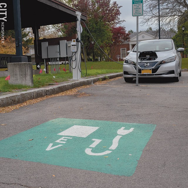 The Village of Fairport installed public charging stations for electric vehicles in the municipal parking lot at Fairport Landing. - PHOTO BY RENÉE HEININGER