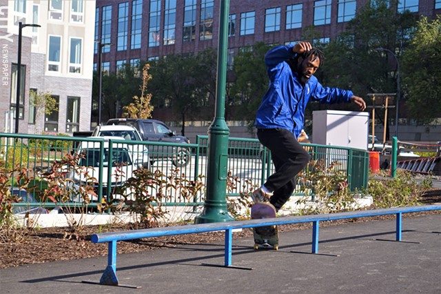Local skateboarder Desmond Ward at the October groundbreaking for the Roc City Skatepark. - PHOTO BY GINO FANELLI