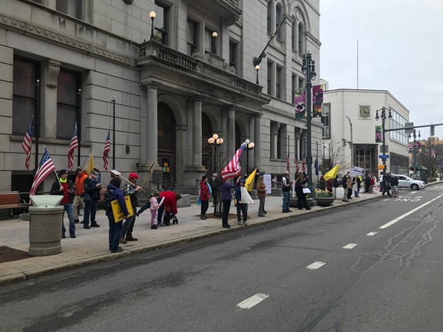 A few dozen demonstrators gathered outside the Monroe County Office Building on Friday, May 1, 2020, to call for businesses to reopen amid the coronavirus pandemic. - PHOTO BY DAVID ANDREATTA