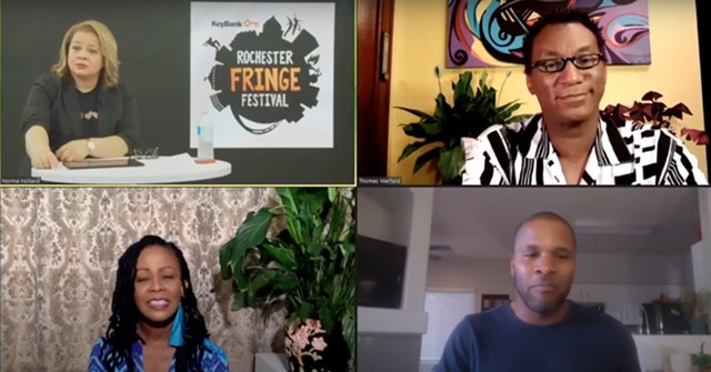 (Clockwise from top left) Norma Holland, Thomas Warfield, Jason Nious, and Karen Brown participate in the September 16 FringeTalk "Black Lives Matter & the Performing Arts." - SCREENSHOT FROM KEYBANK ROCHESTER FRINGE FESTIVAL