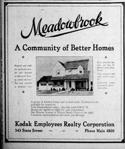 An ad for  the Meadowbrook subdivision that appeared in the August 31, 1930 Democrat and Chronicle states that the houses were "planned and built for particular people who demand architectural beauty, sound construction and comfort at moderate cost." When Kodak built the neighborhood, it placed racial covenants on the deeds. - IMAGE FROM DEMOCRAT AND CHRONICLE ARCHIVES