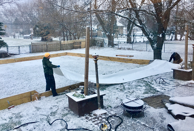 Joseph Climek lays down the plastic sheet on his backyard rink in Webster, "Mos Iceley." - PHOTO COURTESY OF JOSEPH CLIMEK AND MELODY KING