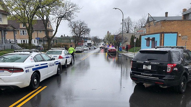 Scene of shooting by police of alleged parole absconder on Fairbanks St. near Hudson Ave. in Rochester on Friday, April 16, 2021. - PHOTO COURTESY SPECTRUM NEWS