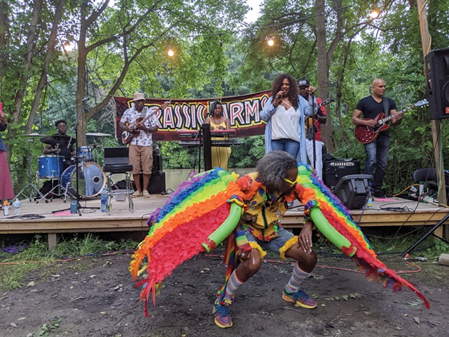 Carlos Merriweather dances as keyboardist Avis Reese, vocalist Syliva MacCalla, and band perform as part of "SOULSCAPE II" at Jurassic Farms. - PHOTO BY DANIEL J. KUSHNER