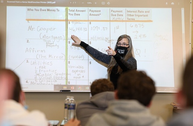 Theresa Jasen uses her own finances to show students how adults handle debt during Hilton High School's Personal Money Management course. - PHOTO BY MAX SCHULTE
