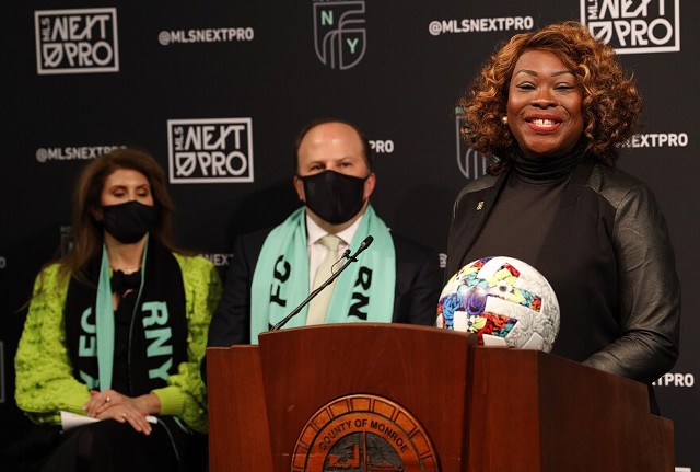 Monroe Community College President DeAnna Burt-Nanna announced a partnership with the Rochester NY FC that will foster a relationship between the athletes and students. - PHOTO BY MAX SCHULTE / WXXI NEWS