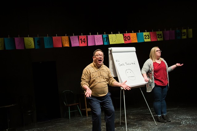 Jeff Siuda, left, and Abby Park perform in Blackfriars Theatre's production of "Too Much Light Makes the Baby Go Blind." - PHOTO BY RON HEERKINS/ COURTESY OF BLACKFRIARS THEATRE