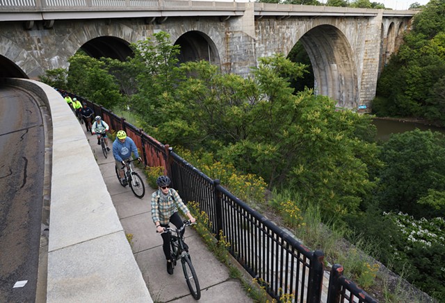 Reconnect Rochester is leading a series of bike rides this summer where they'll show people how to navigate the city by bicycle. The first ride went from Maplewood Park to High Falls along the Genesee River. - PHOTO BY MAX SCHULTE