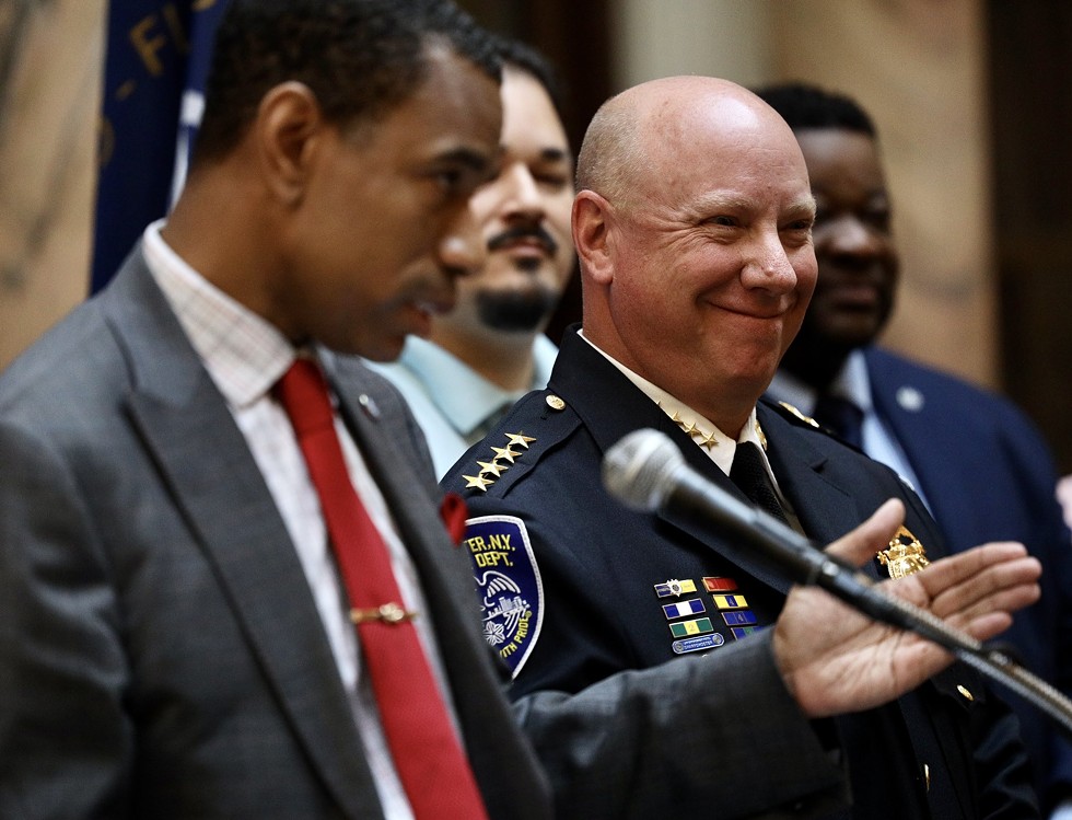 Mayor Malik Evans introduces Rochester Police Department Chief Dave Smith. The 30-year veteran of the department had been serving as its interim chief before Evans tapped him to be its permanent chief. - PHOTO BY MAX SCHULTE