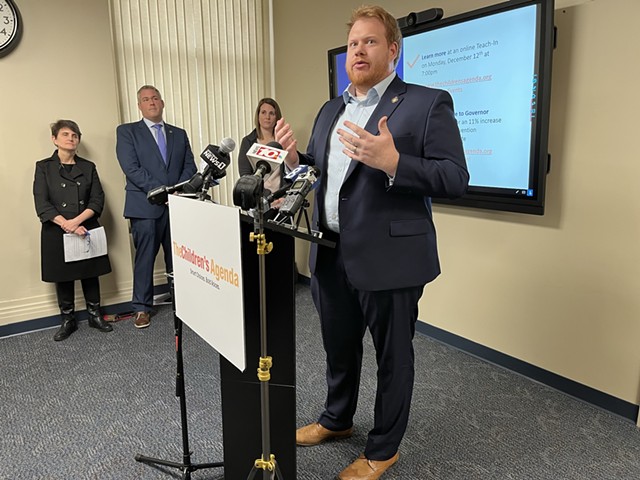 Assemblymember Josh Jensen talks about his son's experience with the Early Intervention program during a news conference Wednesday. - PHOTO BY JEREMY MOULE