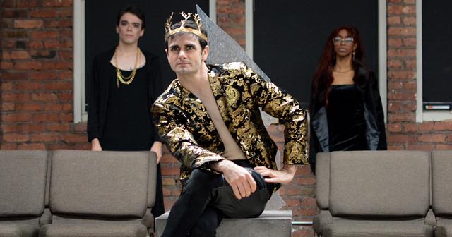 Calvin Staropoli as Aumerle, Rich Steele as King Richard, and Jael Lopez as the Queen in The Company Theatre's "Richard II." - PHOTO BY MICHELLE BLAKE