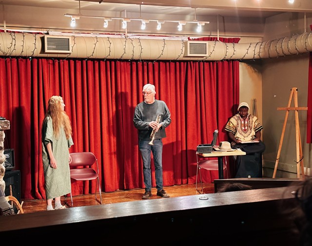 From left, Marissa Engel, Peter Doyle, and Ajamu Brooks in "Politically Incorrect at the Thrift Store" written by Julia Beth Lederman and directed by Danny Hoskins. - LEAH STACY.