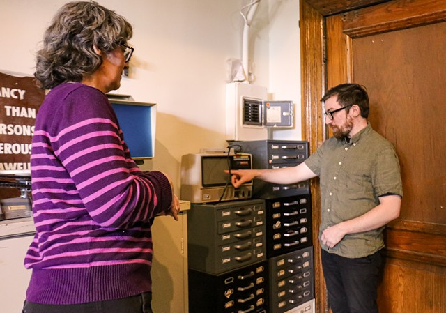 Mary Lewandowski and Nilson Carroll explain the analog equipment preserved at VSW. - JACOB WALSH.