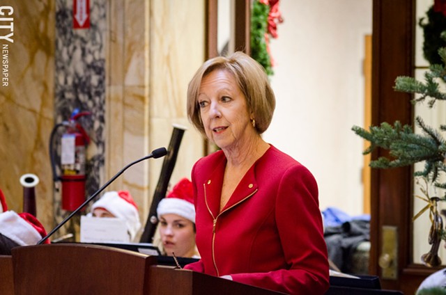 Brooks speaks during this year's Christmas tree-lighting ceremony. - PHOTO BY MARK CHAMBERLIN