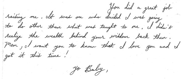 An excerpt of one of many letters Darlene Morris received from her son while he was incarcerated.