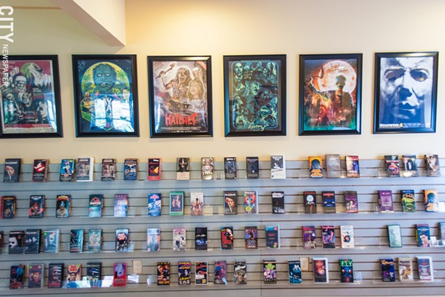 The Fright Rags office space in downtown Rochester is filled with horror memorabilia, and a library of VHS tapes. - PHOTO BY RYAN WILLIAMSON