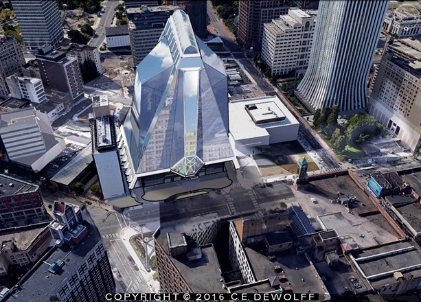 A local partnership proposes a minimum 14-story glass-and-steel structure for Midtown, with condos, restaurant, performing arts center, hotel, and other amenities. - PROVIDED IMAGE