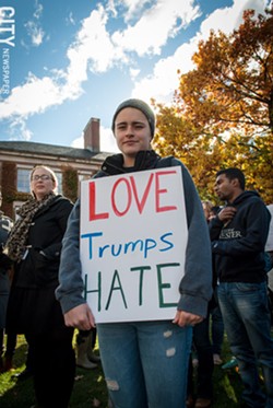 Tori Fox St. Jacques at the “Not My America” rally held in the University of Rochester’s Eastman Quadrangle last week. Several hundred people turned out to protest Donald Trump’s election. - PHOTO BY RYAN WILLIAMSON