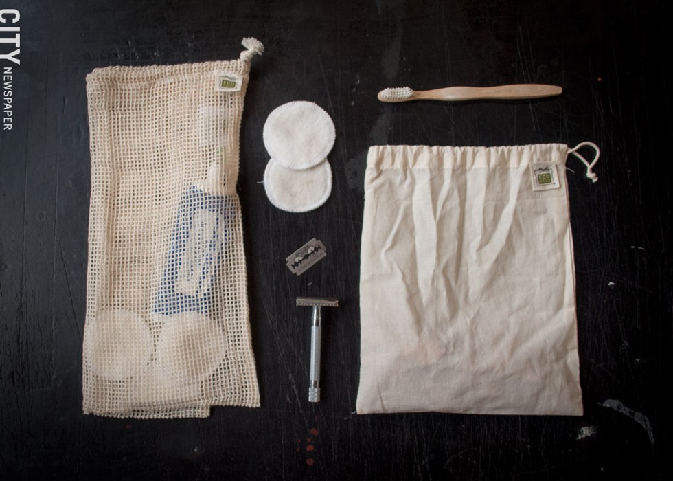 Meyvis now uses plastic-free toothbrushes, reusable face pads and a refillable safety razor, and cloth bags in lieu of typical plastic alternatives. - PHOTO BY RYAN WILLIAMSON