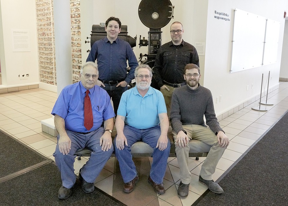 The projection team of the Nitrate Picture Show (from top left): chief projectionist Spencer Christiano, Patrick Tiernan, Darryl G. Jones, Jim Harte, and Sam Lane. - PHOTO PROVIDED