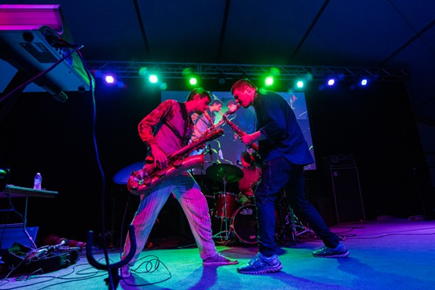 Moon Hooch rocked the Big Tent on Sunday as part of the 2018 Xerox Rochester International Jazz Festival. The band plays again Monday. Bring your own glow sticks. - PHOTO BY JOSH SAUNDERS