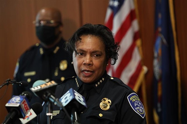 Rochester Police Chief Cynthia Herriott-Sullivan speaks to reporters on March 5, 2021, about an incident in which a woman was pepper-sprayed with her 3-year-old daughter nearby.