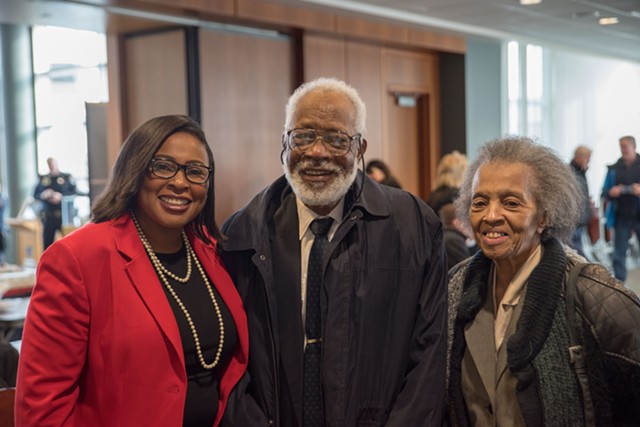 Charles Price with his wife, Pauline Price, and Mayor Lovely Warren, in December 2019 during celebration of the Rochester Police Department's 200th anniversary.