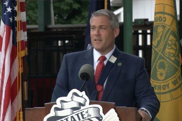 Monroe County Executive Adam Bello delivers his State of the County address at Sea Breeze Amusement Park on June 7, 2021.