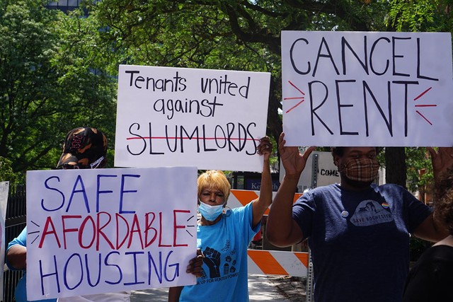 Protesters for rent relief outside the Kenneth B. Keating Federal Building in July 17, 2020.