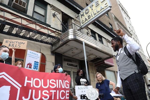 New York Public Advocate Jumaane D. Williams , VOCAL-NY, House of Mercy, and other local activists called for support for HONDA and affordable housing across the state Wednesday, October 13, in front of the the Cadillac Hotel in Downtown Rochester.
