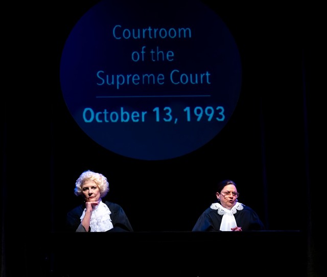 From left, Patricia Lewis as Sandra Day O’Connor and Karin Bowersock as Ruth Bader Ginsburg in "Sisters In Law" at JCC CenterStage.
