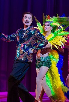 Mark Cuddy as Georges with the Cagelles in Geva's production of "La Cage Aux Folles."